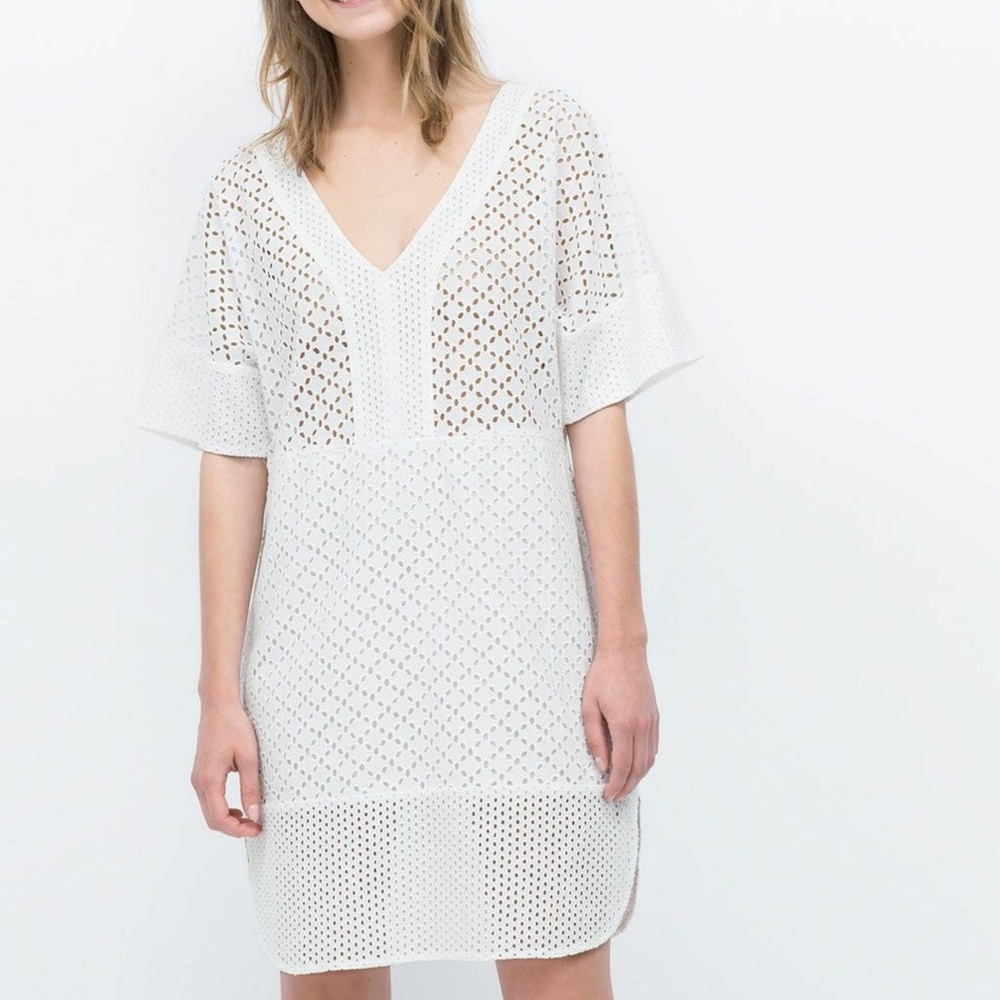 ZARA White Cotton Eyelet Embroidered Dress